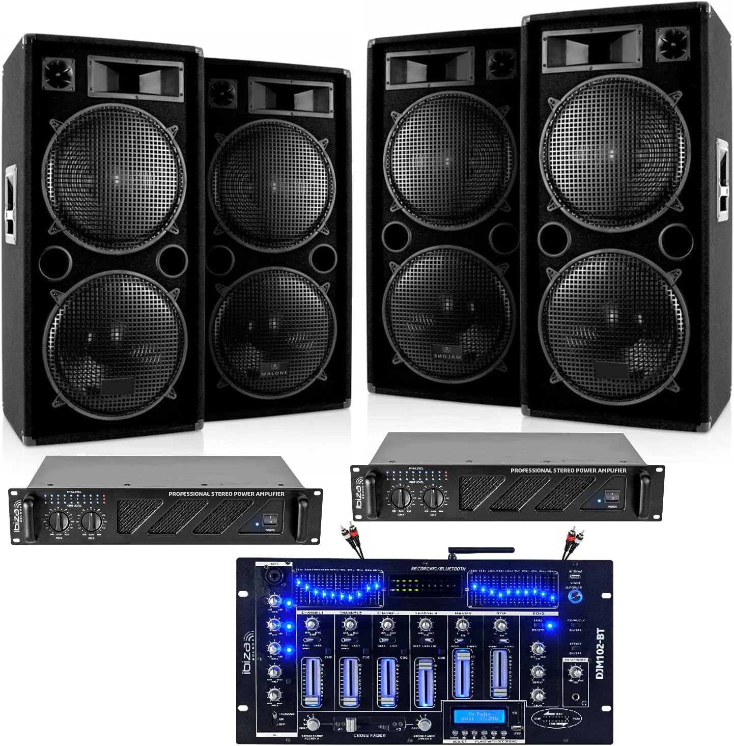 IBIZA SOUND LIGHT - 4 Enceintes 4x2000w - 2 Amplis 2x1600w - 1 Table de Mixage DJM102-BT - Câble Enceinte, Câble RCA et Câble PC OFFERTS - Pack Sono DJ Mix Mariage Soiree Fiesta DJ