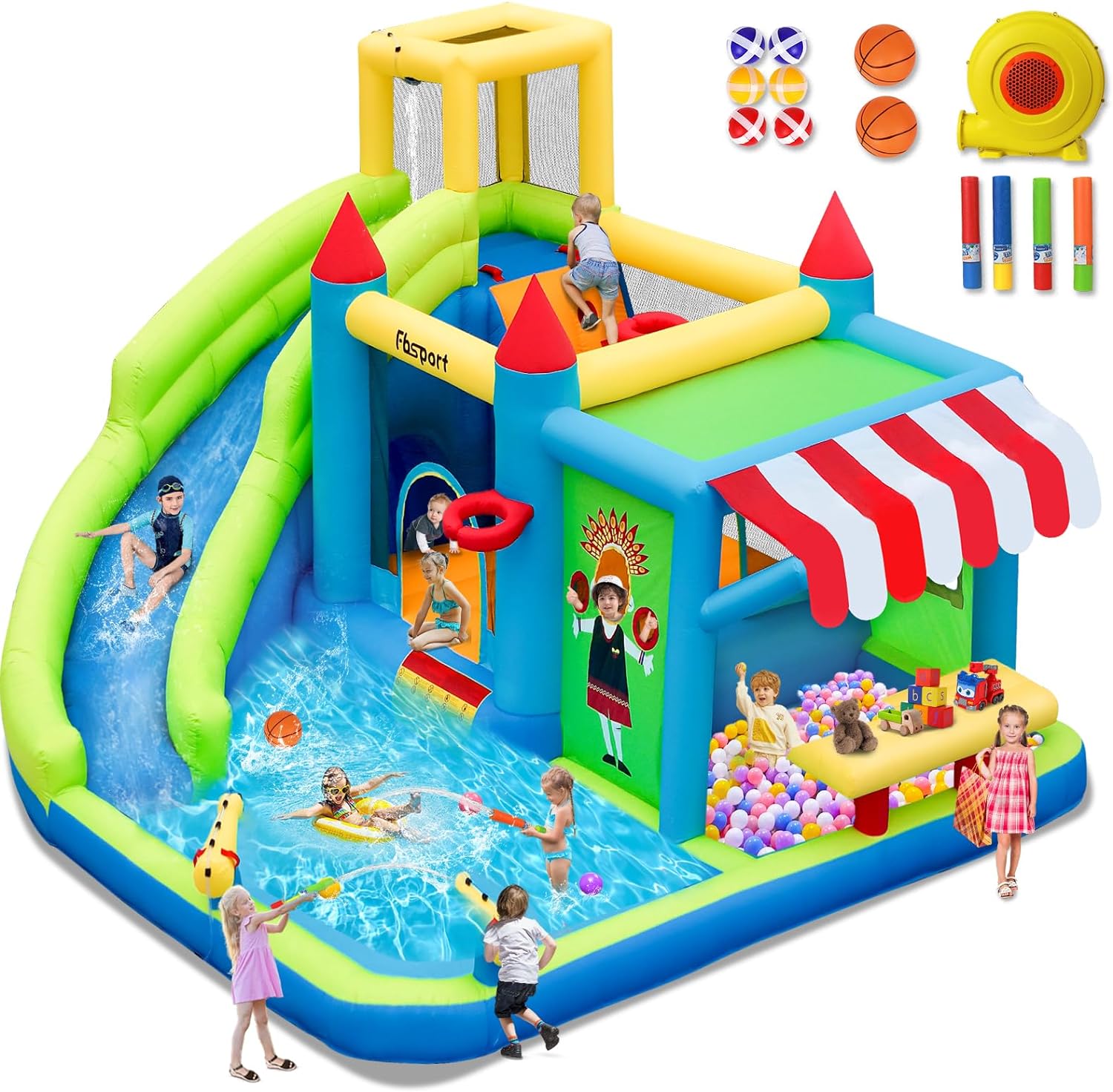 FBSPORT château Gonflable Enfant avec souffleur Aire de Jeux Gonflable Adulte Grand château Gonflable Piscine 424 ×388 ×238 CM
