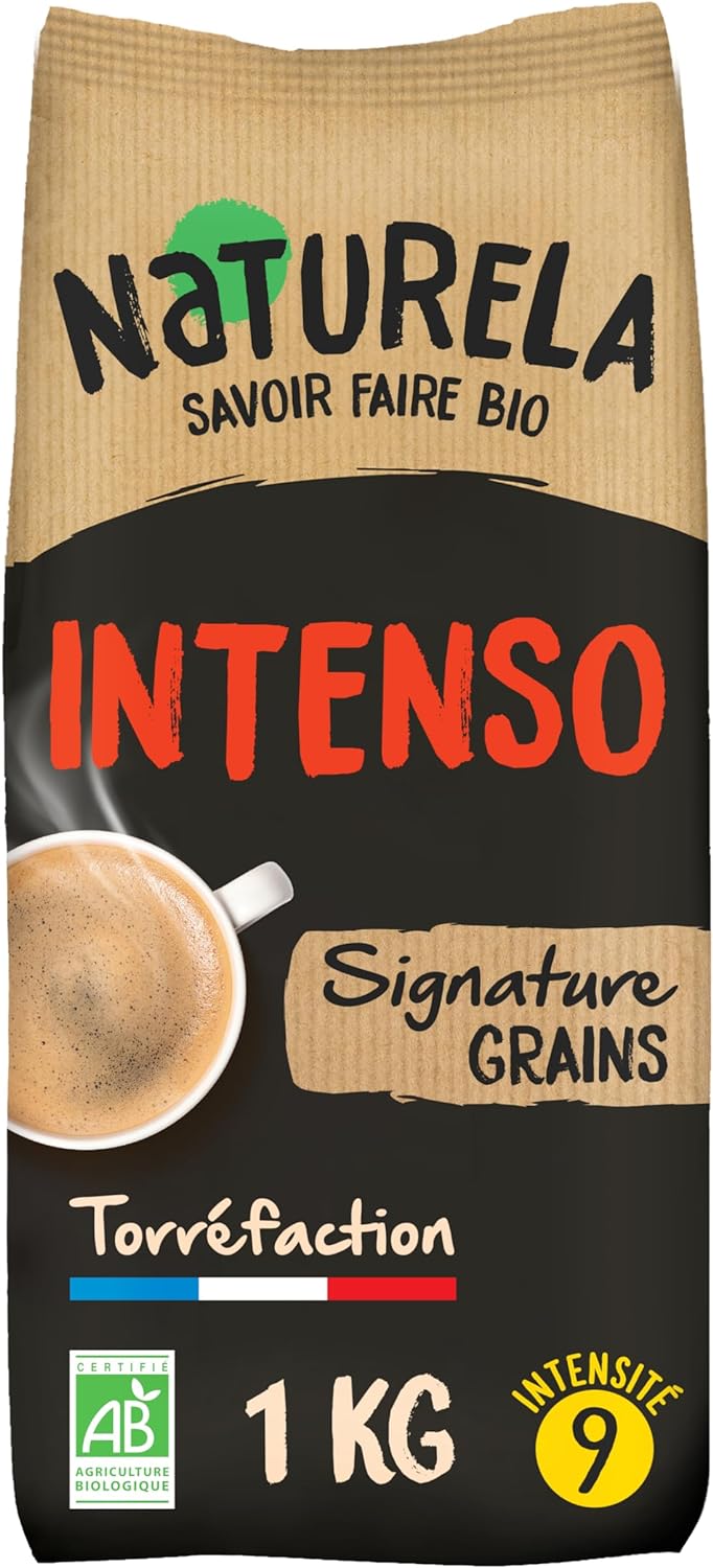 NATURELA - Café Grains Bio - Intenso - Arabica et Robusta - Gamme Signature - Torréfaction Lente - Fabriqué en France - 1 kg