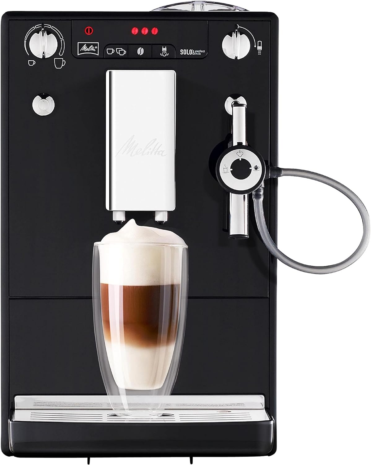 Melitta Solo & Perfect Milk Noire, Machine à Café à Grains avec Broyeur et Système d'Extraction des Arômes, Mode 1 à 2 Tasses, Auto Cappuccinatore.