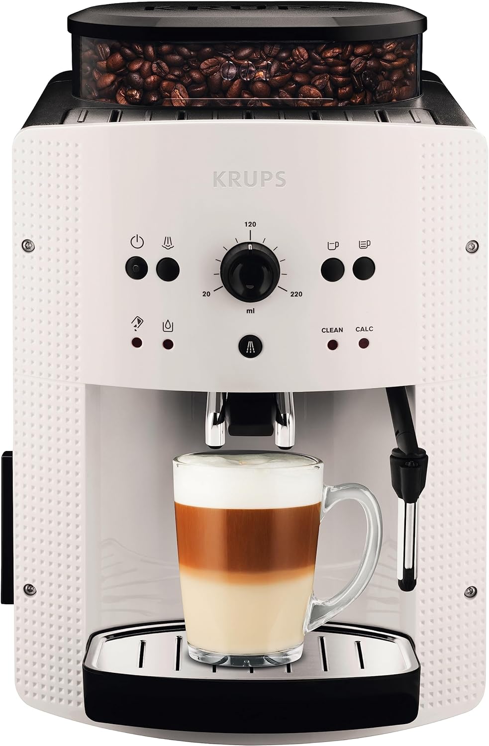 Krups Machine à café broyeur grain, 2 expresso simultanés, Nettoyage automatique, Buse vapeur Cappuccino, Essential blanche EA810570