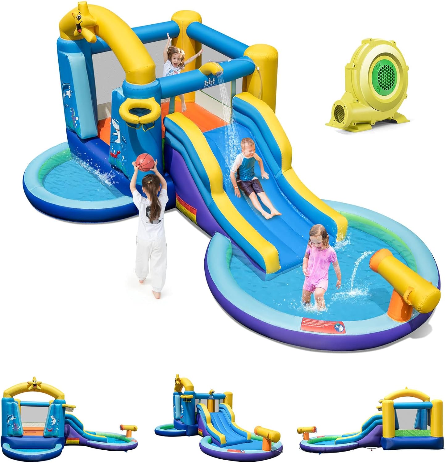 GOPLUS Château Gonflable avec Souffleur 680W, Parc Aquatique Océan avec Toboggan, Panier de Basket et Trampoline, Aire de Jeux Piscine à Balles pour 2 Enfants 3-10 Ans Jusqu’à 90KG