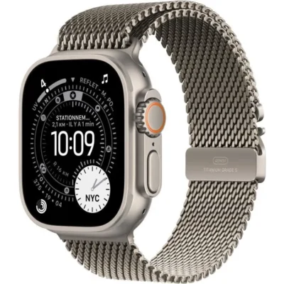 Apple Watch Ultra 3 GPS + Cellular – 49mm – Boîtier Natural Titanium – Bracelet Natural Titanium Milanese Loop – Large