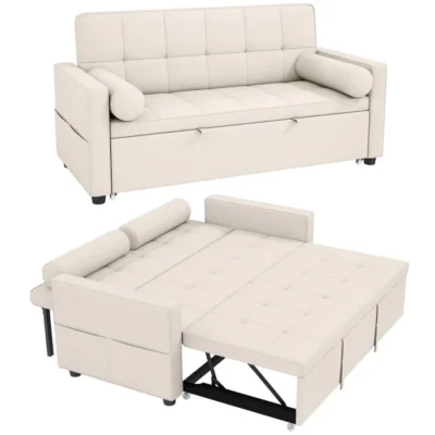 Canapé convertible 2 places – HOMCOM – 3 en 1 – lit gigogne double et dossier réglable – tissu aspect lin – 80,5×137,5x84cm – beige