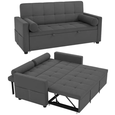 Canapé convertible 2 places – HOMCOM – 3 en 1 – lit gigogne double et dossier réglable – tissu aspect lin – 80,5×137,5x84cm – gris