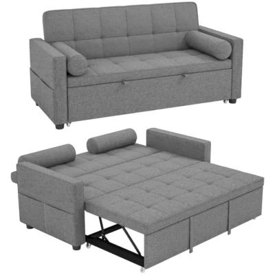 Canapé convertible 2 places – HOMCOM – 3 en 1 – lit gigogne double et dossier réglable – tissu aspect lin – 80,5×137,5x84cm – gris