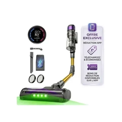 Ultenic Aspirateur Balai sans Fil U20, Puissant pour Poils Animaux, Tube Pliable 65cm, 60min Autonomie, Sol Dur/Voiture/Moquette