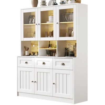 Buffet haut salle à manger -Meuble vaisselier cuisine avec éclairage LED-Armoire vitrine avec dépôts réglables,140×40×175 cm,blanc