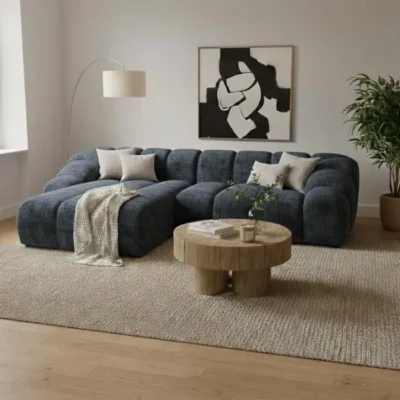 Canapé d’angle LORELIA 4 places avec tissu texturé bleu- 305 cm