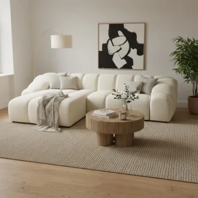 Canapé d’angle LORELIA 4 places avec tissu velours doux au toucher beige – 305 cm
