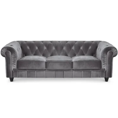 Canapé Chesterfield Velours Argent – MENZZO – 3 places – Gris – Elégance – Chic – Moelleux