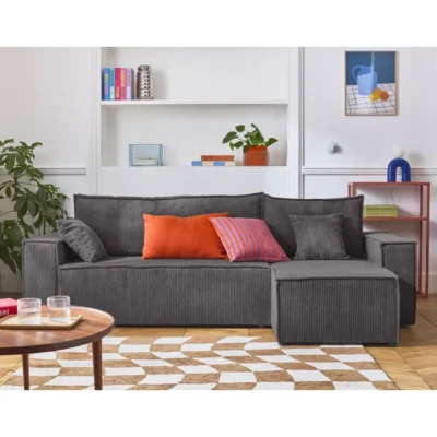Cezanne – canapé d&rsquo;angle réversible – 4 places – convertible avec coffre – en velours côtelé – Gris foncé