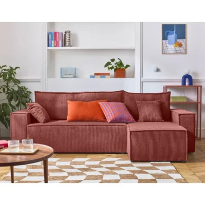 Cezanne – canapé d&rsquo;angle réversible – 4 places – convertible avec coffre – en velours côtelé – Rose