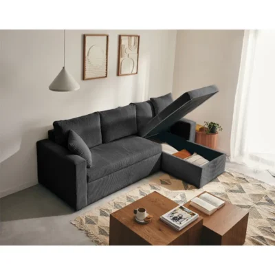 Cyrus – canapé d&rsquo;angle réversible 4 places – convertible avec coffre – en velours côtelé – Gris foncé