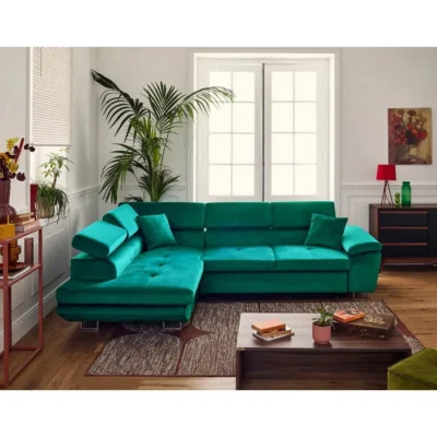 Dimas – canapé d&rsquo;angle gauche 5 places – convertible avec coffre et têtières réglables – en velours – Vert