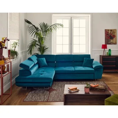 Dimas – canapé d&rsquo;angle gauche 5 places – convertible avec coffre et têtières réglables – en velours – Bleu