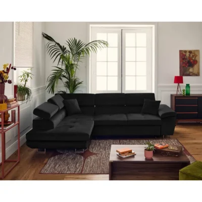 Dimas – canapé d&rsquo;angle gauche 5 places – convertible avec coffre et têtières réglables – en velours – Noir