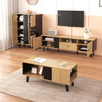 Ensemble de salon 3 pièces – MODERNLUXE – Table basse, meuble TV et buffet – Éclairage LED – Naturel et Noir
