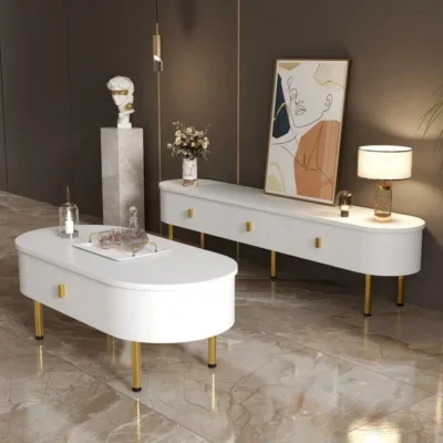 Ensemble Meuble Salon – Meuble TV et Table Basse Blanc et Doré – Design Arrondi Moderne avec Tiroirs et Pieds Métalliques