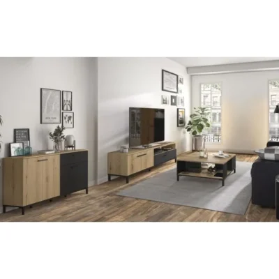 Ensemble meuble TV, table basse et buffet bas – TRUST – Chêne / Noir – GAMI  Ensemble meuble TV, table basse et buffet bas – TRUST – Chêne / Noir – GAMI       Ensemble meuble TV, table basse et buffet bas – TRUST – Chêne / Noir – GAMI