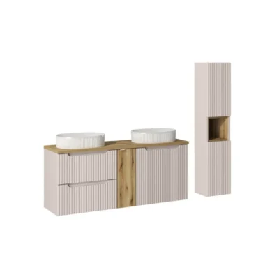 Ensemble Salle de bain Meuble double vasques + plateau effet chêne 140 cm + Colonne – A portes + tiroirs – Astral Beige