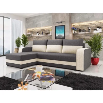 Harvey – Canapé d&rsquo;angle réversible 4 places convertible avec coffre en tissu bicolore – Gris / Beige