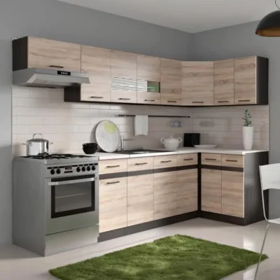 JUNONA Cuisine d&rsquo;angle complète et plan de travail L 3m40 – Angle réversible – Décor chêne sonoma – plan de travail inclus
