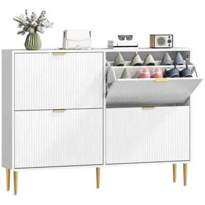 Meuble à chaussures – HOMCOM – 20 paires – 4 tiroirs rabattables, portes cannelées, étagères réglables – MDF – 105x24x91,5cm – blanc
