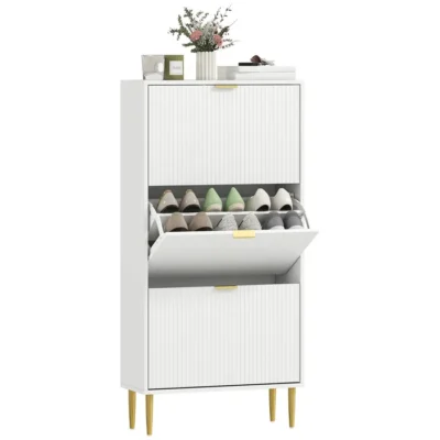 Meuble à chaussures – HOMCOM – 18 paires – 3 tiroirs rabattables, portes cannelées et étagères réglables – 60x24x122,5cm – blanc