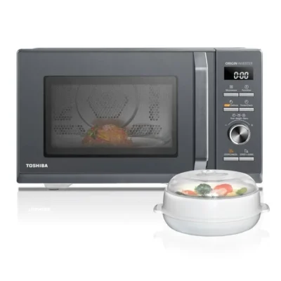 Micro-ondes combiné pose libre TOSHIBA – 900W+Grill 1000 W+Convection 2100W – Friteuse – Air Fry Combo 6-en-1 – 26L – Gris morandi