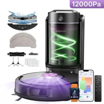 Vactidy Cleanova W15 – Aspirateur Robot Laveur avec Station sans Sac 4L, 12000Pa Ultra-Puissant, 200Min, idéal pour Poils d&rsquo;Animaux