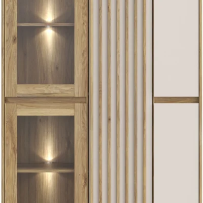 Vitrine Large ELISTON – Finition Blanc Mat / Chêne Naturel – 5 Portes dont 2 Vitrées – 109,6 × 41,5 × 161,8 cm