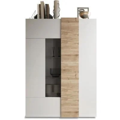 Vitrine – VENEZIA – 2 portes – Blanc laqué / Chêne Cadiz – 121 x 44 x 169 cm