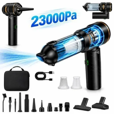 Aspirateur Voiture 23000Pa, Aspirateur à Main Sans Fil 4 en 1, Moteur Brushless, Souffleur et Gonfleur, 16 Accessoires, USB-C