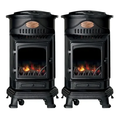 Pack de 2 Poêles à gaz Noir Provence en fonte 3,4KW Effet feu Chauffage d&rsquo;appoint gaz sur roues