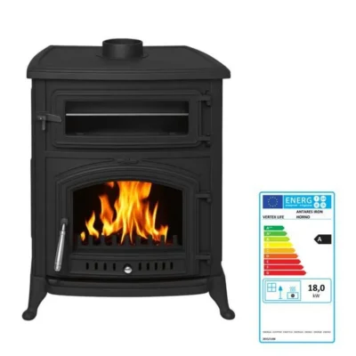 Poêle à bois ANTARES IRON HORNO 18 kW – Fonte complète – Rendement 75 % – Chauffe 400 m³ – Four intégré – Sortie 130 mm – Classe A