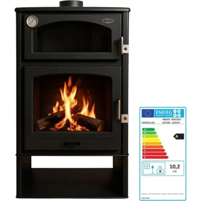 Poêle à bois ASTON 10,2 kW avec four en inox – Rendement 78 % – Chauffe 225 m³ – Acier noir – Sortie fumée 150 mm – Classe A