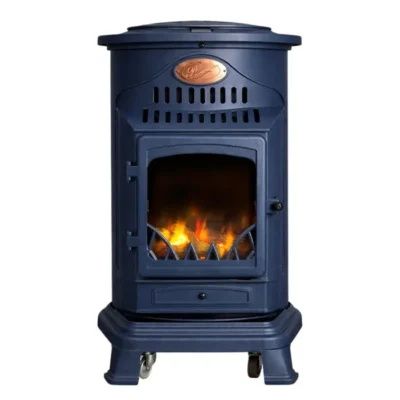Poêle à gaz 3,4KW Fonte Véritable – Chauffage d&rsquo;appoint Design Bleu Saphir Mat – Effet feu de bois, sur roues Provence Sahara