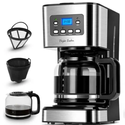 Taylor Swoden Darcy – Cafetière 0% BPA. 950W, 1,5L. Programmable 24h, maintien au chaud 40min. Option café fort. Auto-nettoyante.