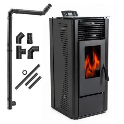 Poêle à Granulés THUNDER® KARMEN-BLACK 10kW | En Acier | Indépendant | Thermostat | Wi-Fi | Poêle-Cheminée Moderne | Kit Inclus
