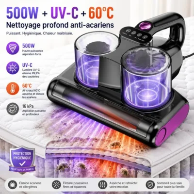 Aspirateur anti‑acariens à main 16 KPa, 500 W, UV‑C, élimine 99,9 % des acariens – Matelas, canapés et tapis