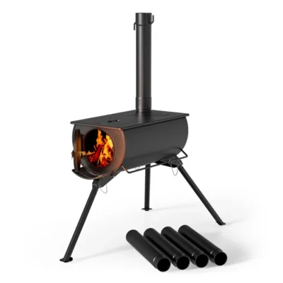 Wiltec Poêle pour tente de camping – 540 x 810 x 2387 mm – Acier doux – Poêle à bois portable et démontable pour randonnée, déplacem