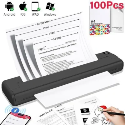 Imprimante Thermique avec Papier 115Pcs A4 210 x 297 mm, Imprimante Sans Encre, Compatible avec Android et IOS et Windows